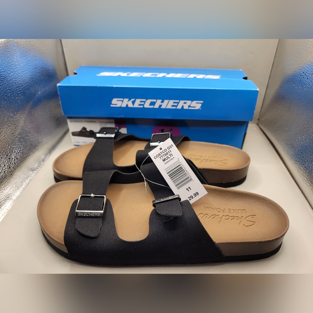 Skechers Luxe Foam Black Slide Sandals Women’s Size 11 Buckle New With Tags Box
